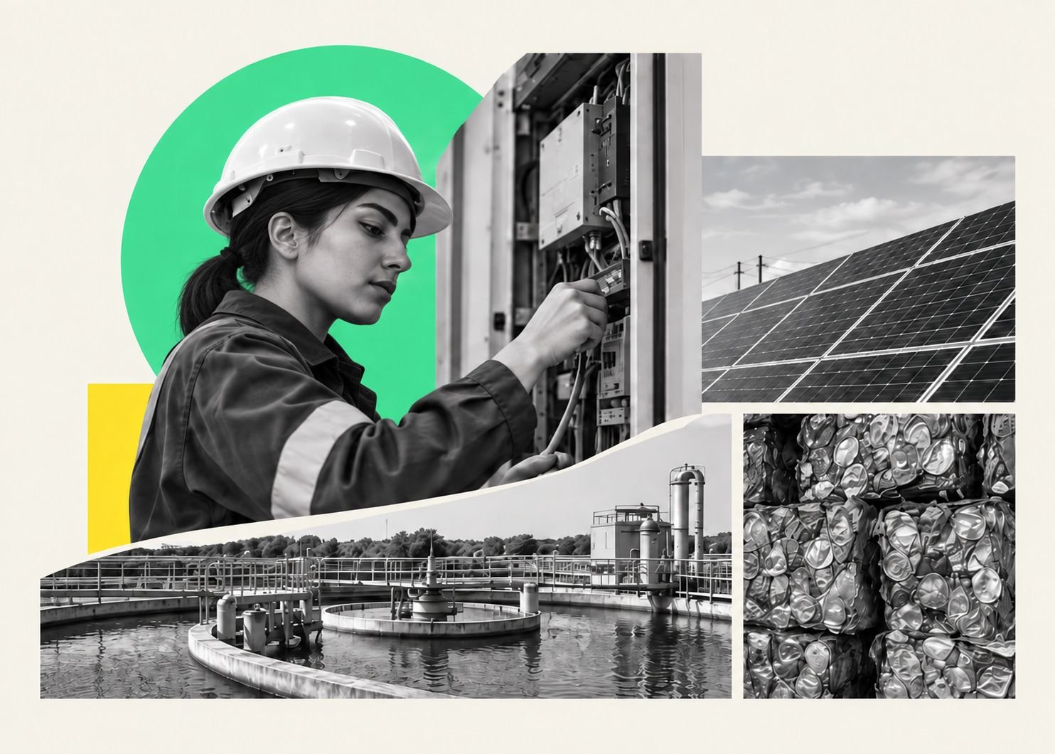 Climate infrastructure across MENA: an engineer at a control cabinet, solar panels, a water-treatment plant and baled recycling